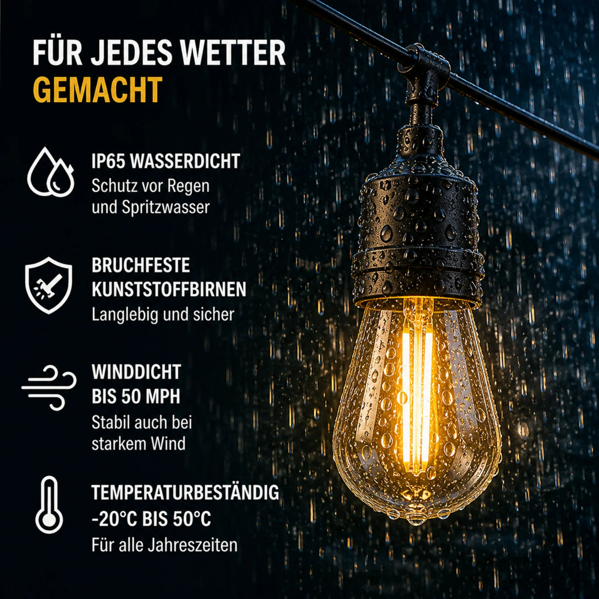 Outdoor String Lights Solar-Powered Warm Edison IP65 Waterproof