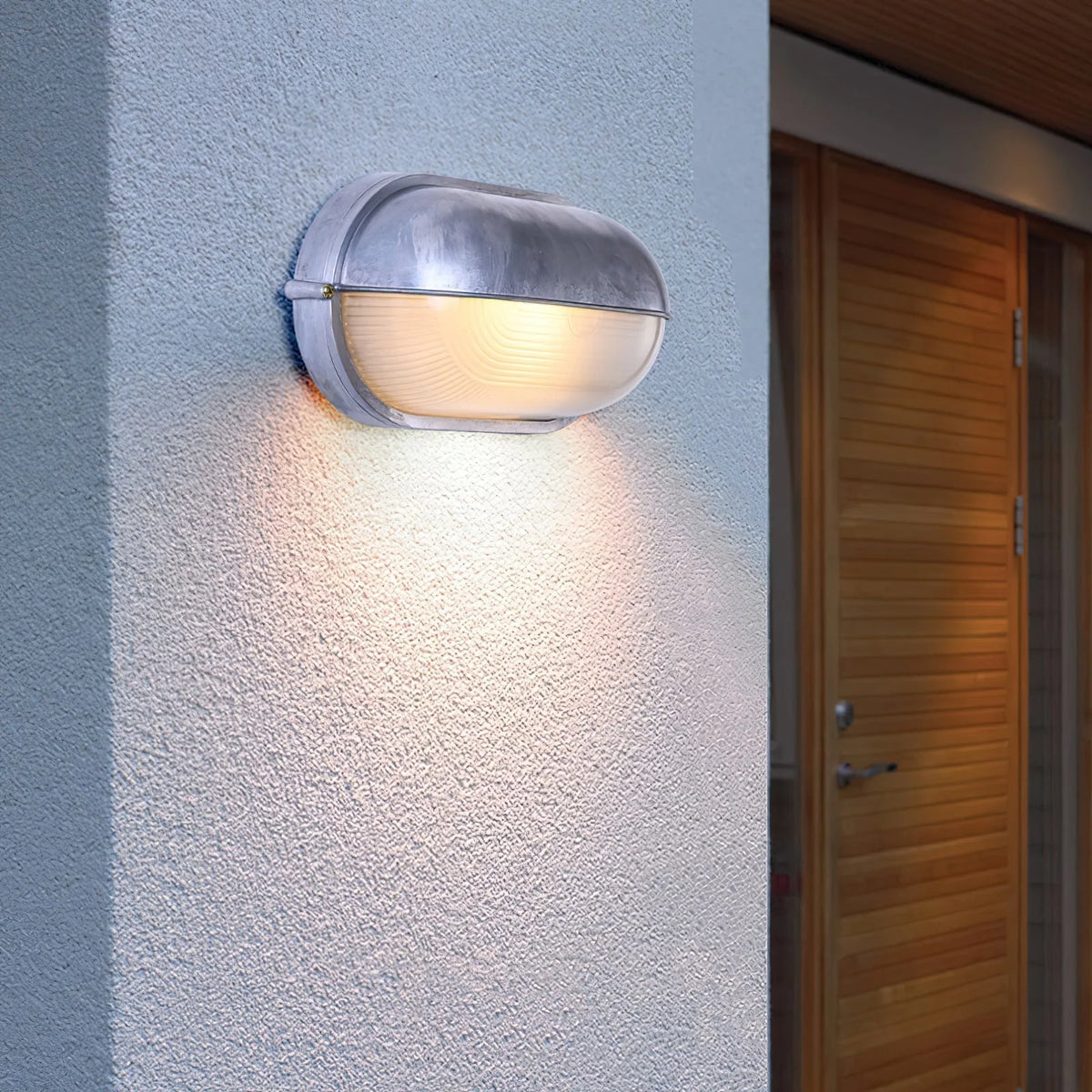 Oval Bulkhead Wall Light Weather-Resistant Galvanized Metal & Ribbed Glass