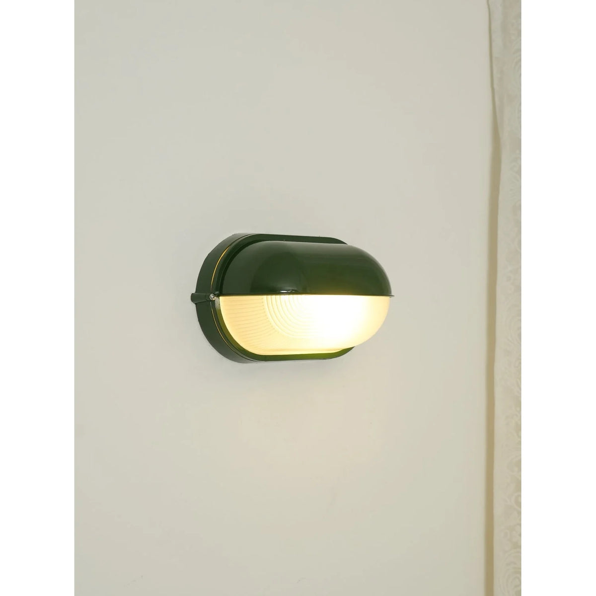 Oval Bulkhead Wall Light Weather-Resistant Galvanized Metal & Ribbed Glass