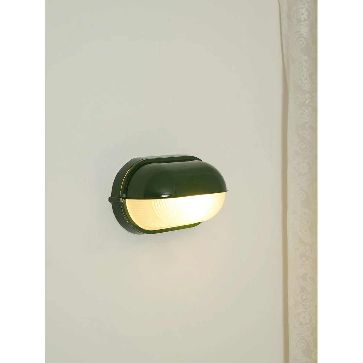 Oval Bulkhead Wall Light Weather-Resistant Galvanized Metal & Ribbed Glass