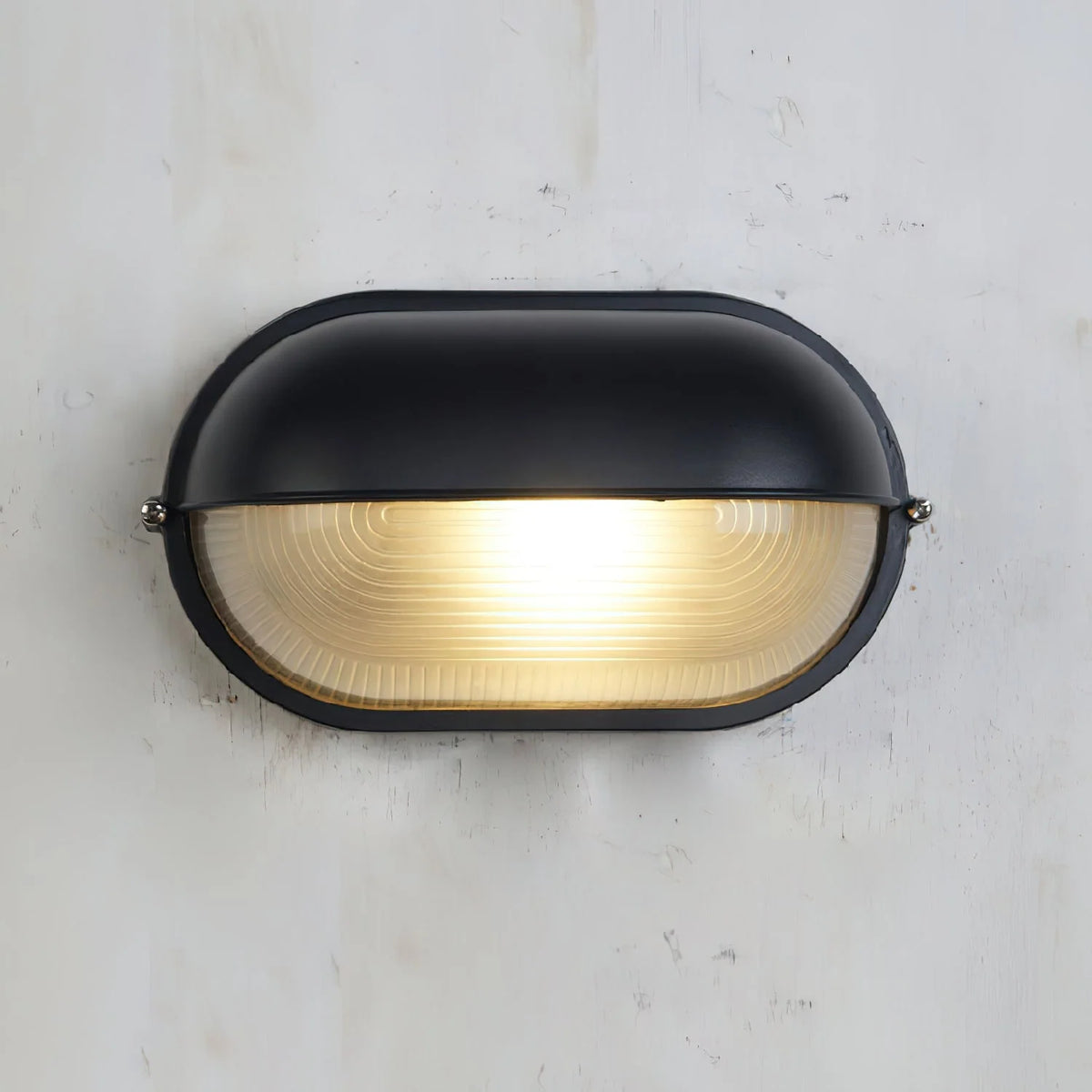 Oval Bulkhead Wall Light Weather-Resistant Galvanized Metal & Ribbed Glass