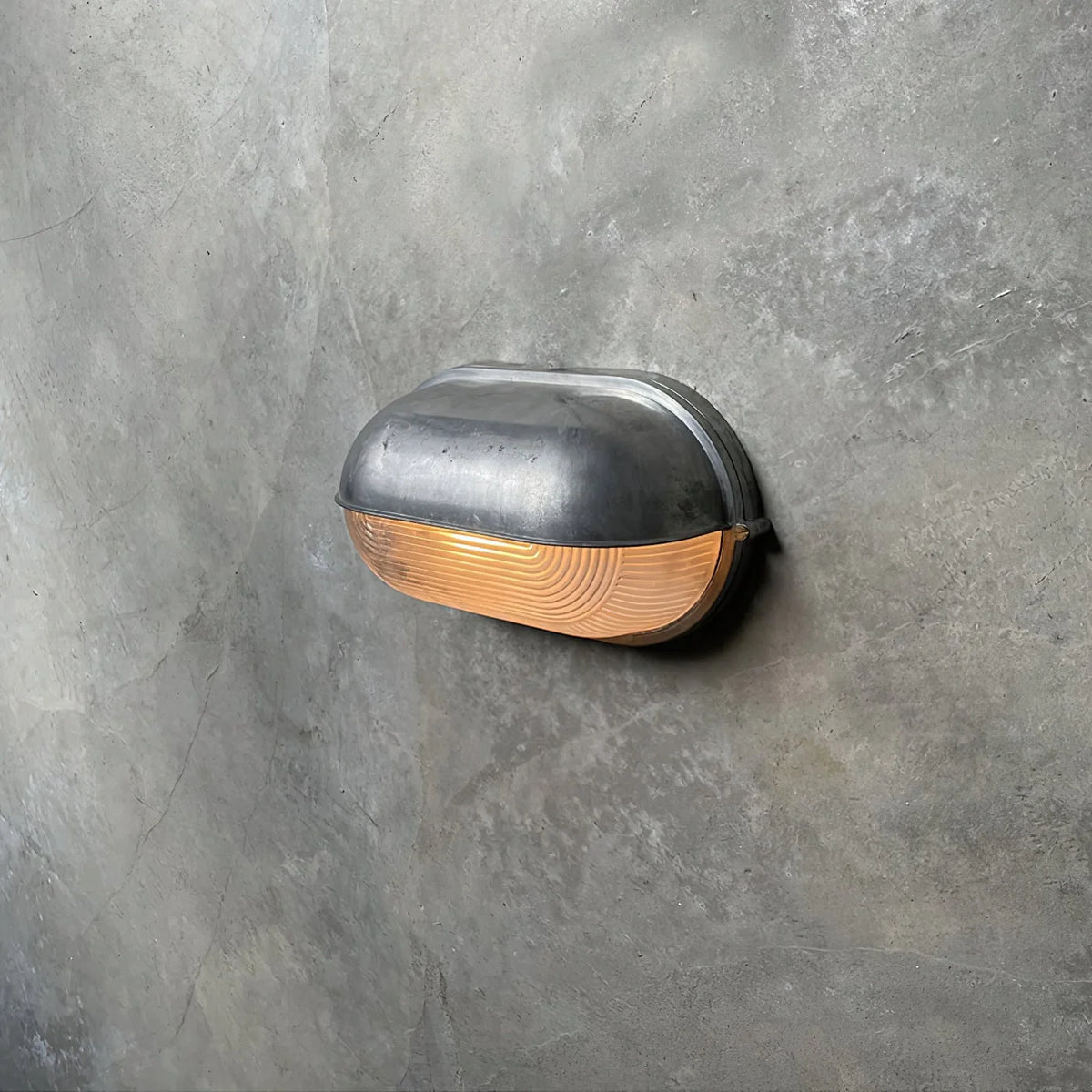 Oval Bulkhead Wall Light Weather-Resistant Galvanized Metal & Ribbed Glass