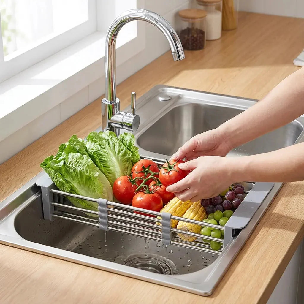 Over-Sink Dish Rack Adjustable Stainless Steel & Non-Slip Pads
