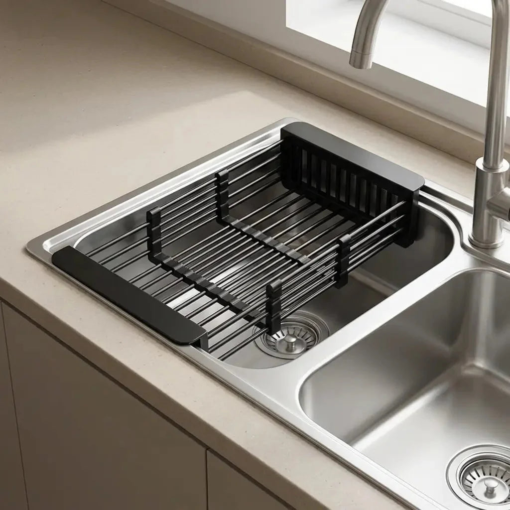 Over-Sink Dish Rack Adjustable Stainless Steel & Non-Slip Pads
