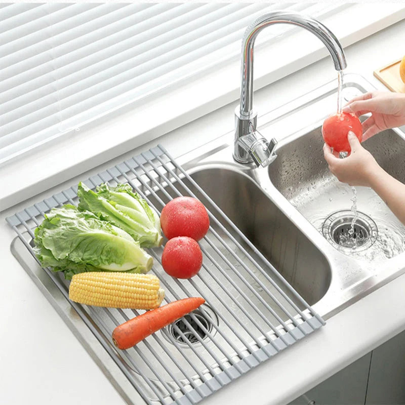 Over-Sink Drain Rack Stainless Steel No-Drill Roll-Up