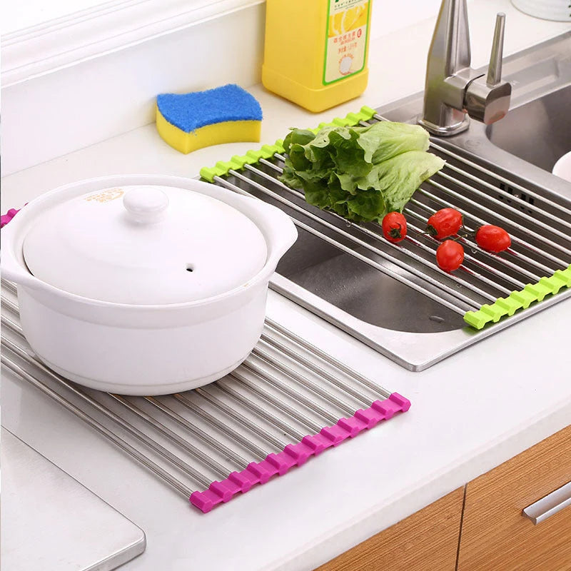 Over-Sink Drain Rack Stainless Steel No-Drill Roll-Up