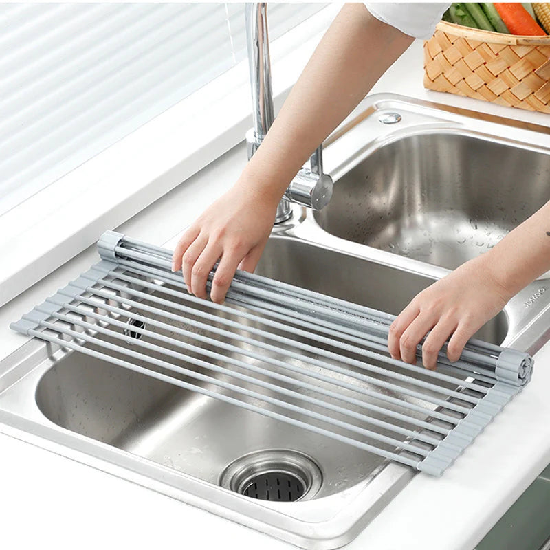 Over-Sink Drain Rack Stainless Steel No-Drill Roll-Up