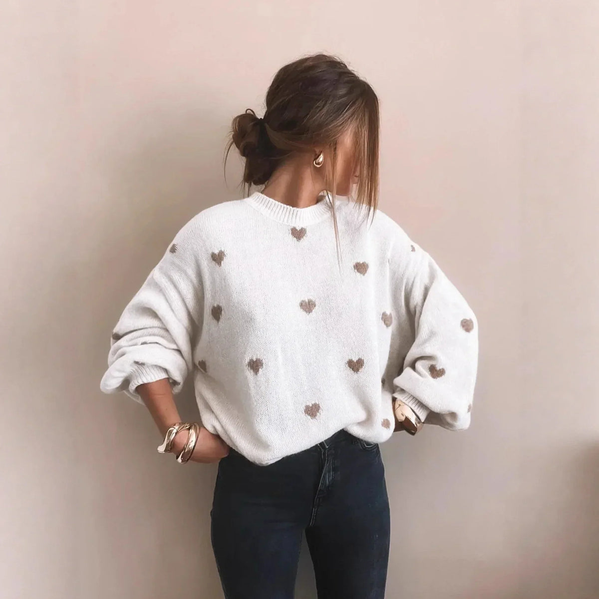 Oversized Pullover Sweater Heavyweight Heart Embroidered & Puff Sleeves