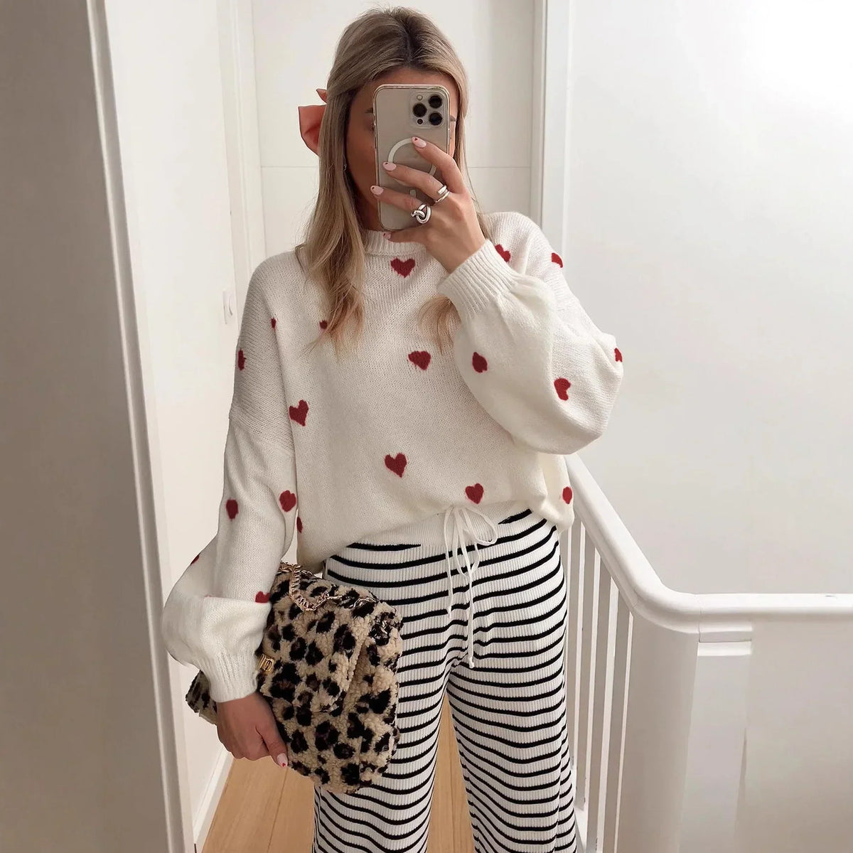 Oversized Pullover Sweater Heavyweight Heart Embroidered & Puff Sleeves