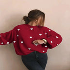 Oversized Pullover Sweater Heavyweight Heart Embroidered & Puff Sleeves