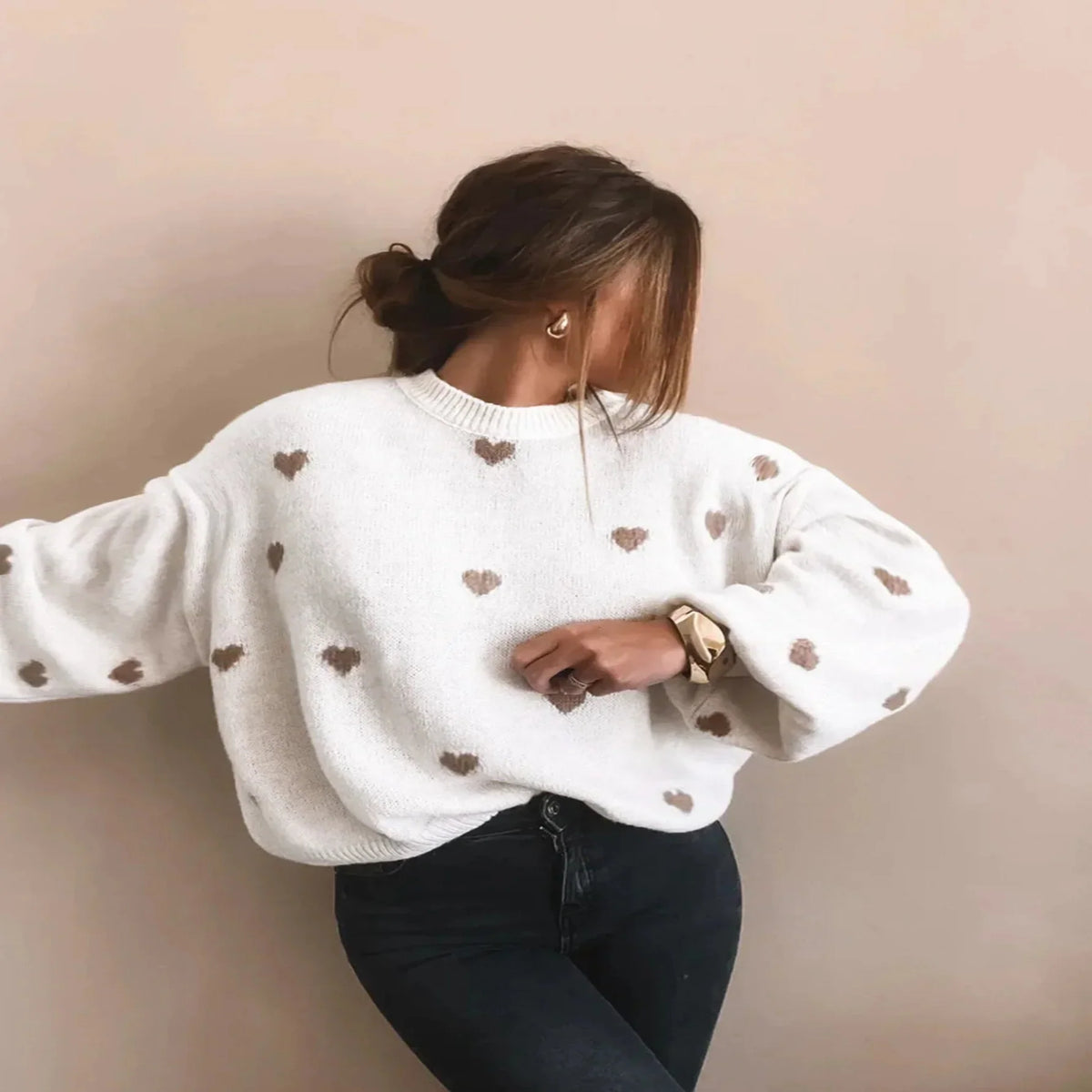 Oversized Pullover Sweater Heavyweight Heart Embroidered & Puff Sleeves