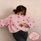 Oversized Pullover Sweater Heavyweight Heart Embroidered & Puff Sleeves