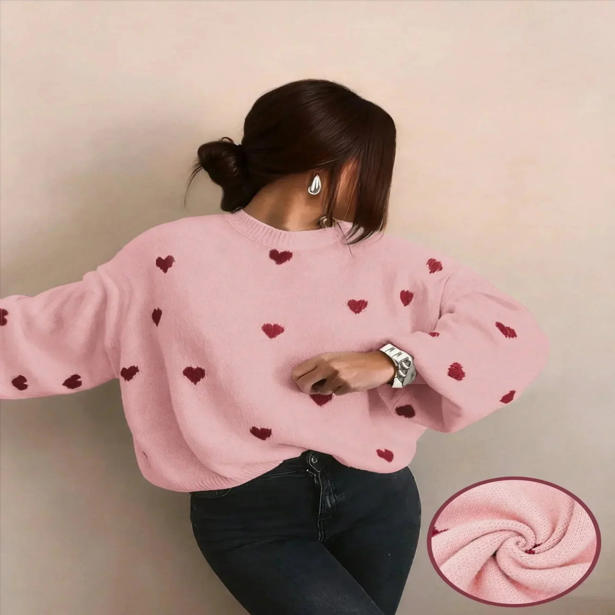 Oversized Pullover Sweater Heavyweight Heart Embroidered & Puff Sleeves