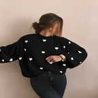 Oversized Pullover Sweater Heavyweight Heart Embroidered & Puff Sleeves