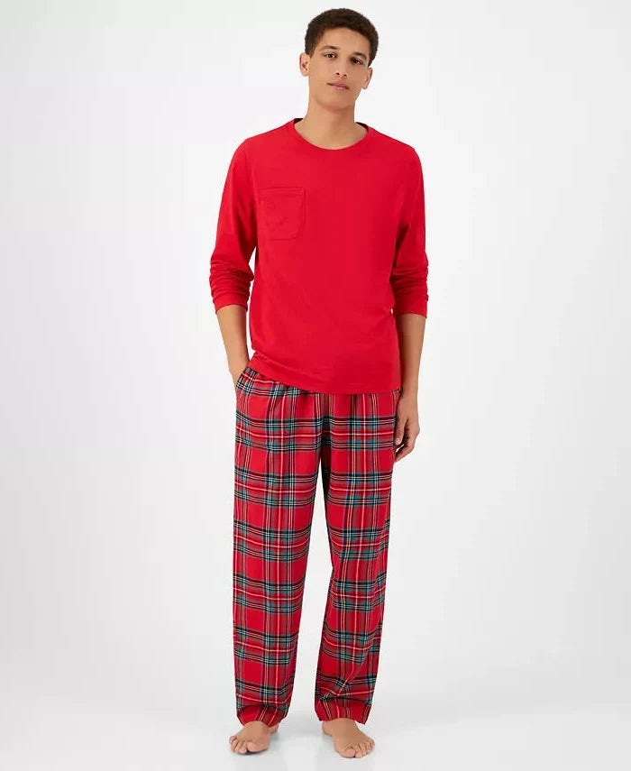 Pajama Set Plaid Cotton Flannel Pockets & Drawstring Waist