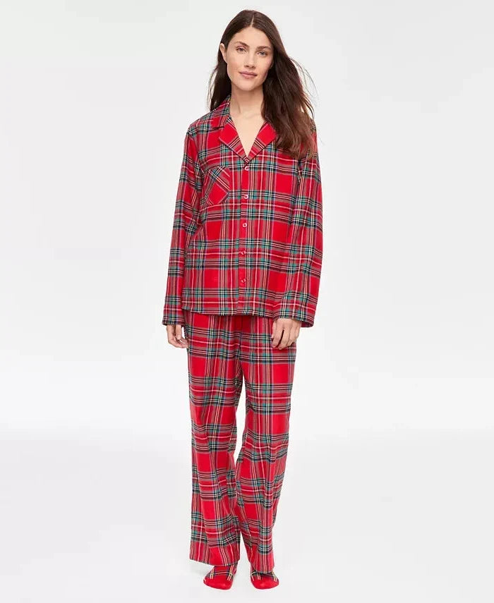 Pajama Set Plaid Flannel Cotton Button Front & Drawstring Waist