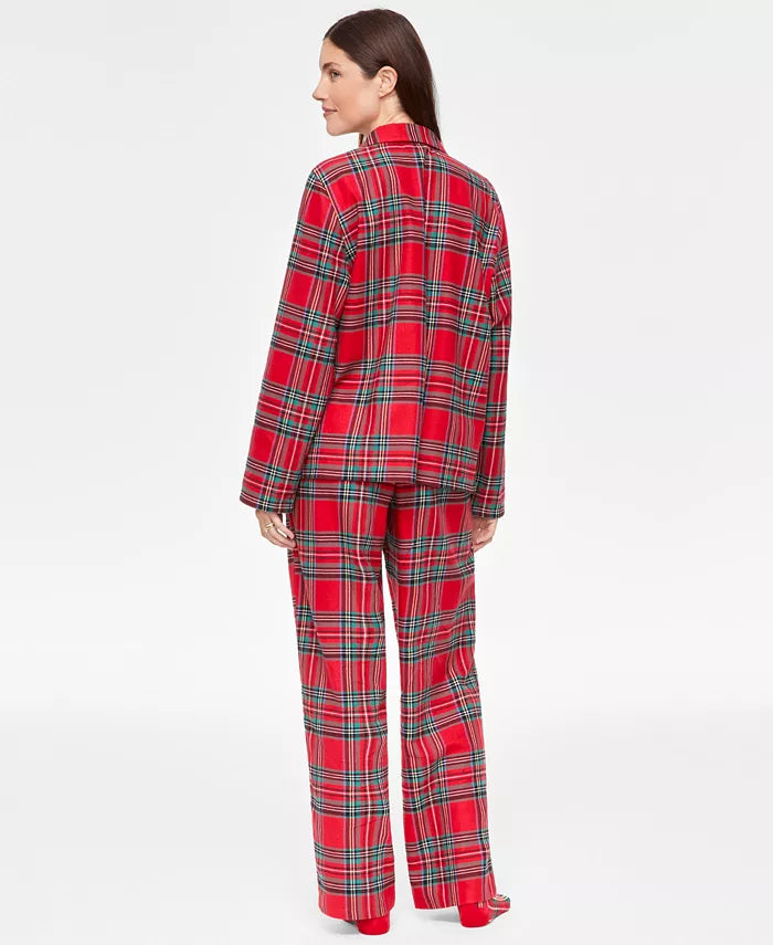 Pajama Set Plaid Flannel Cotton Button Front & Drawstring Waist