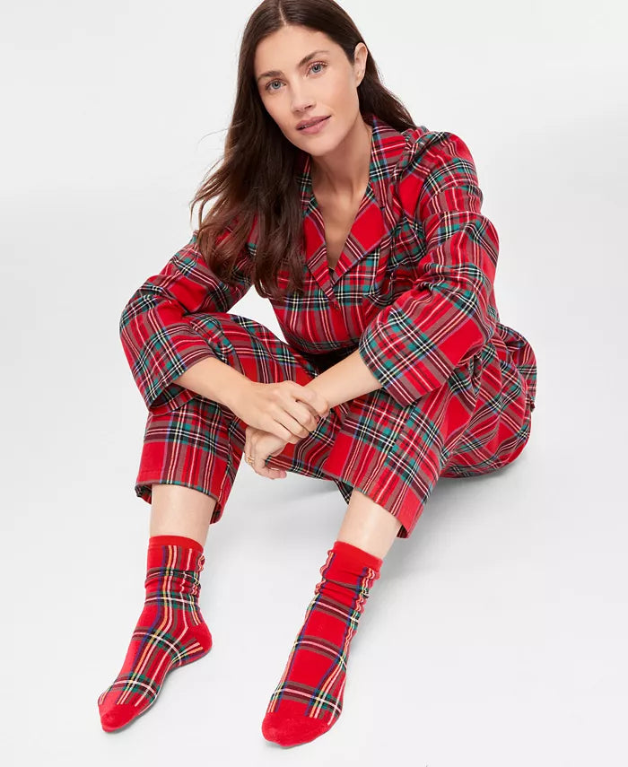Pajama Set Plaid Flannel Cotton Button Front & Drawstring Waist