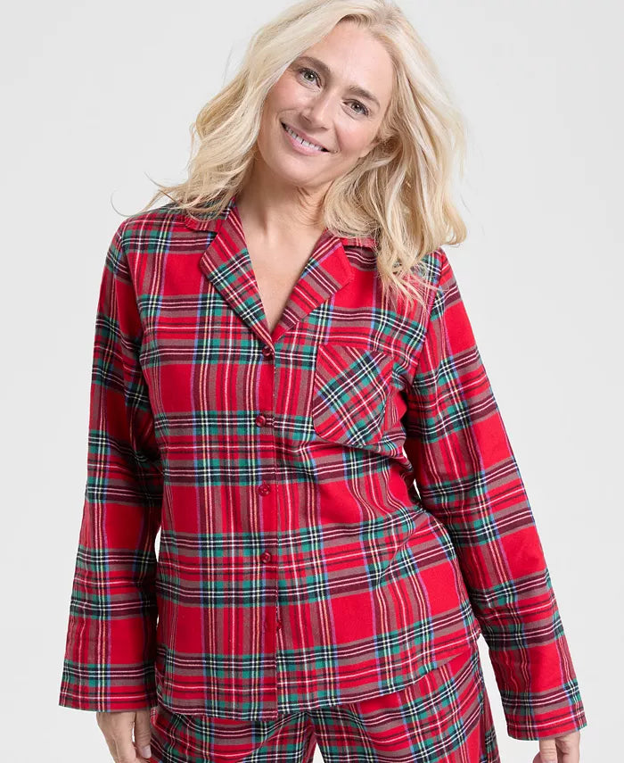 Pajama Set Plaid Flannel Cotton Button Front & Drawstring Waist