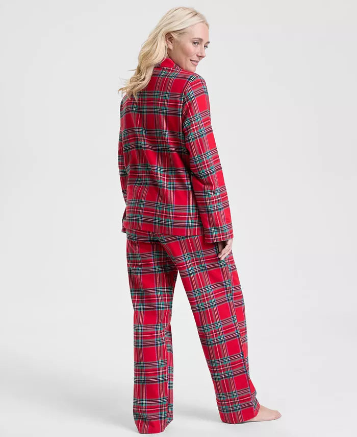 Pajama Set Plaid Flannel Cotton Button Front & Drawstring Waist