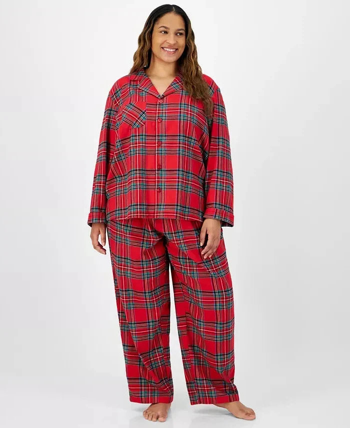 Pajama Set Plaid Woven Flannel Button-Front & Elastic Waist