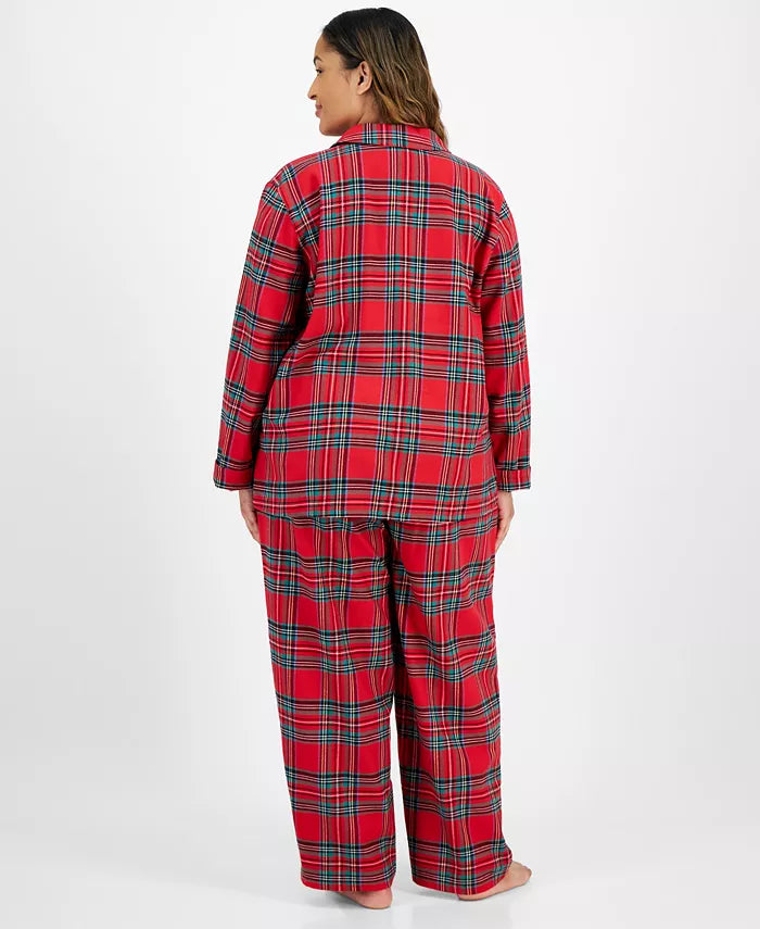 Pajama Set Plaid Woven Flannel Button-Front & Elastic Waist