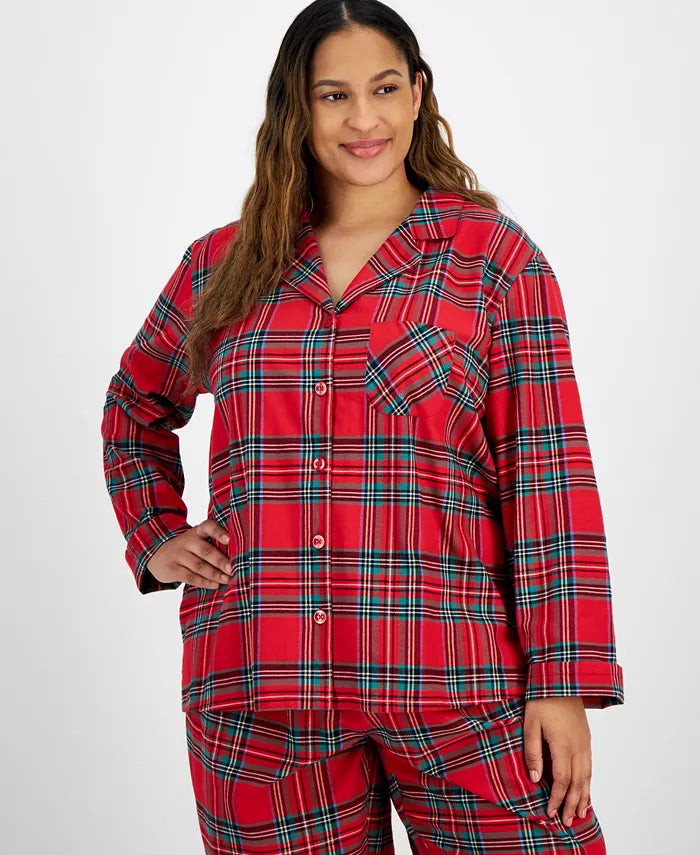 Pajama Set Plaid Woven Flannel Button-Front & Elastic Waist