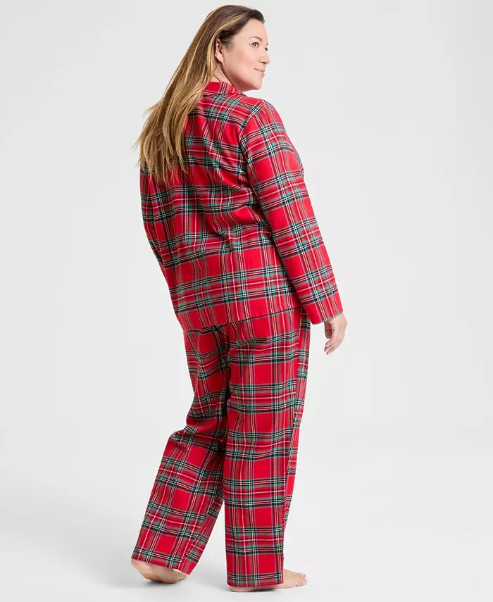 Pajama Set Plaid Woven Flannel Button-Front & Elastic Waist