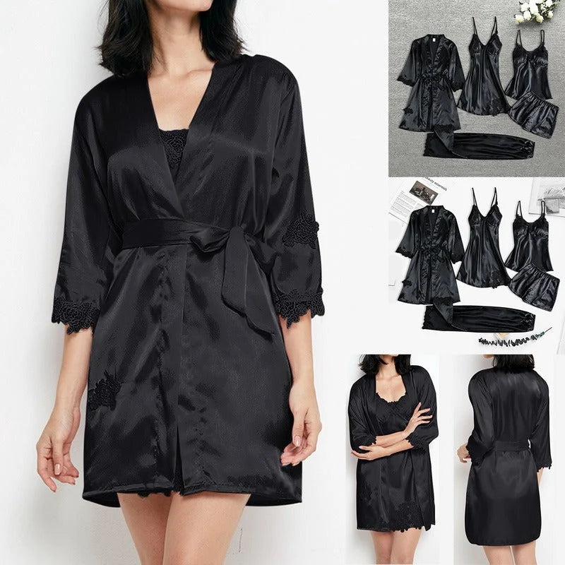 Pajama Set Silk Satin Lace Trim Relaxed Fit
