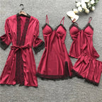 Pajama Set Silk Satin Lace Trim Relaxed Fit