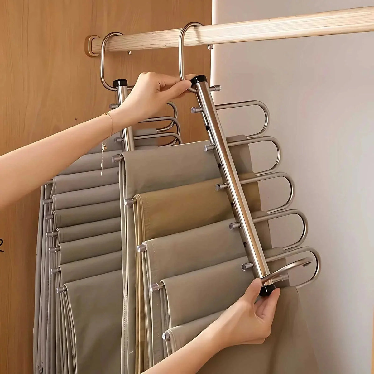 Pants Hanger Vertical Space-Saving Stainless Steel & Rotating Hook