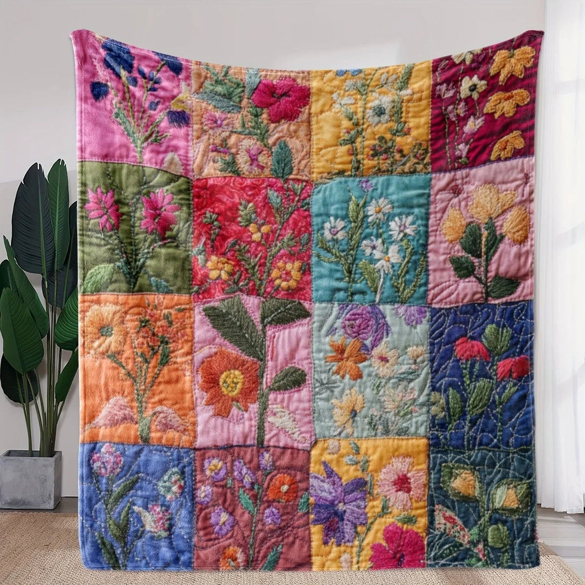 Patchwork Blanket Soft Flannel Embroidered Floral