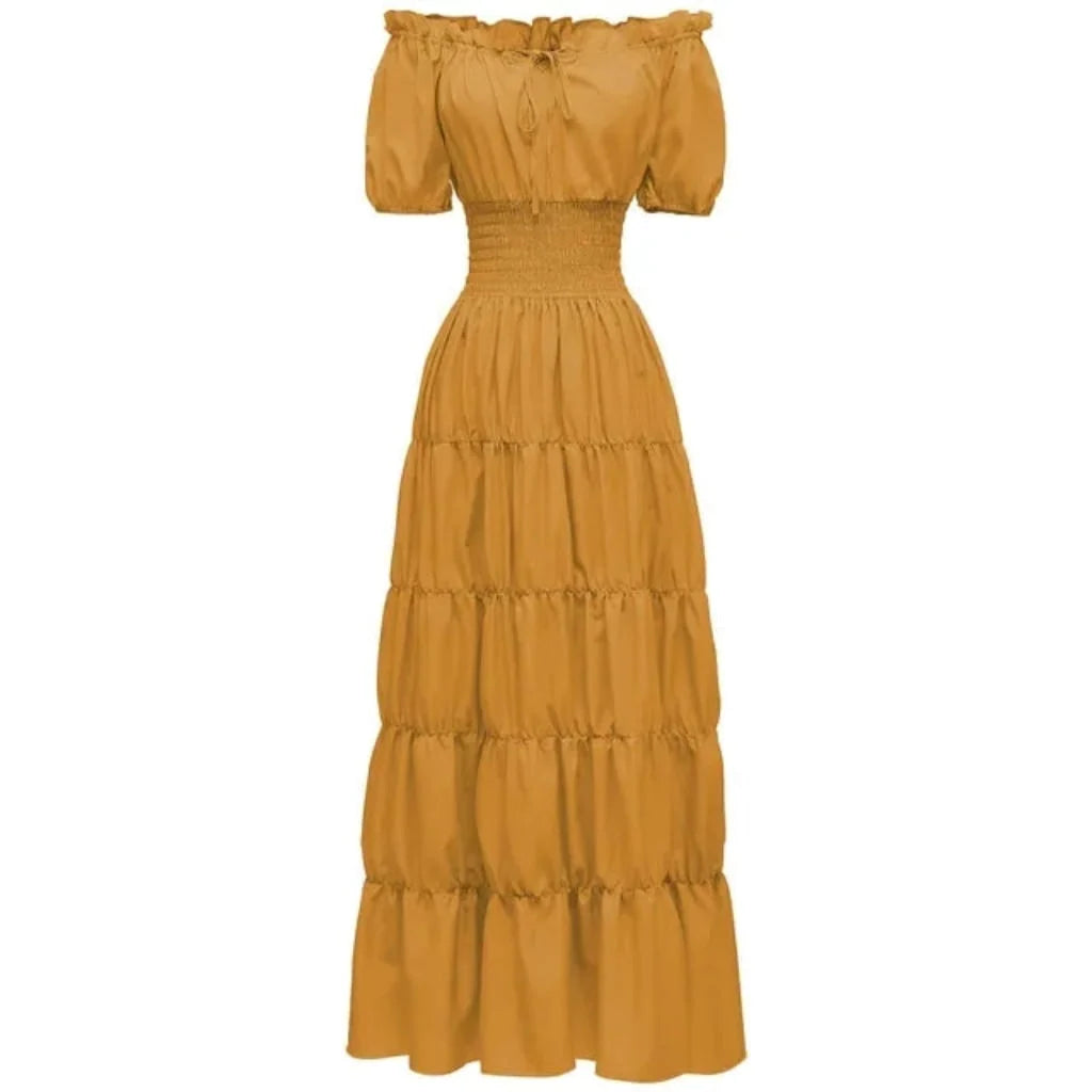 Peasant Maxi Dress Off-Shoulder Elastic Waist Tiered Skirt