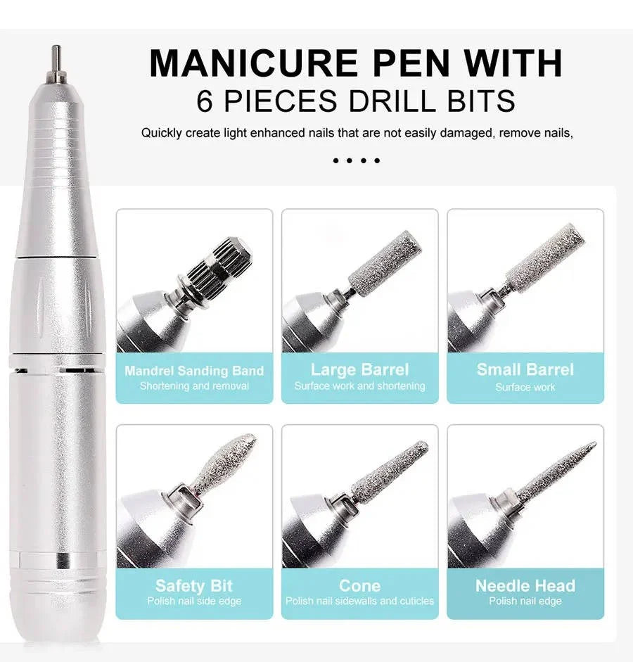 Pen-Style Nail Drill 45,000 RPM 6 Metal Bits
