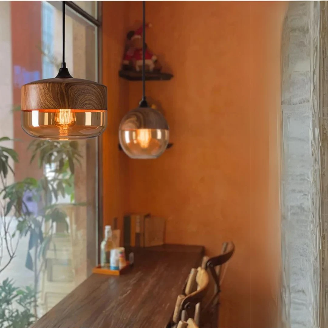 Pendant Ceiling Light Glass Shade & Wood Look Adjustable Height