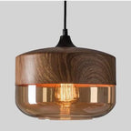 Pendant Ceiling Light Glass Shade & Wood Look Adjustable Height