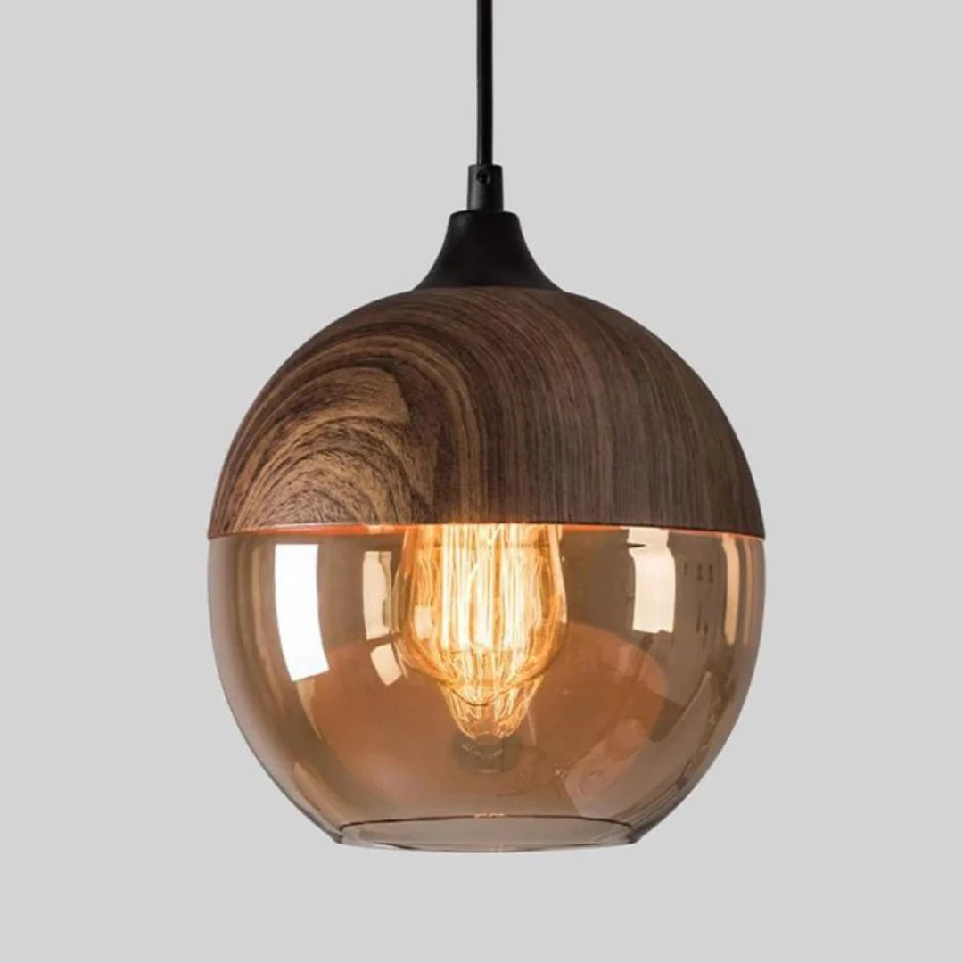 Pendant Ceiling Light Glass Shade & Wood Look Adjustable Height