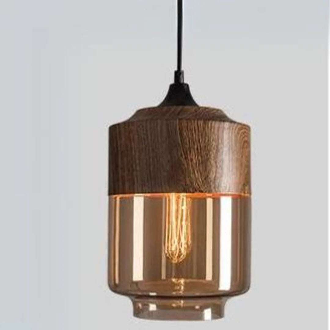 Pendant Ceiling Light Glass Shade & Wood Look Adjustable Height