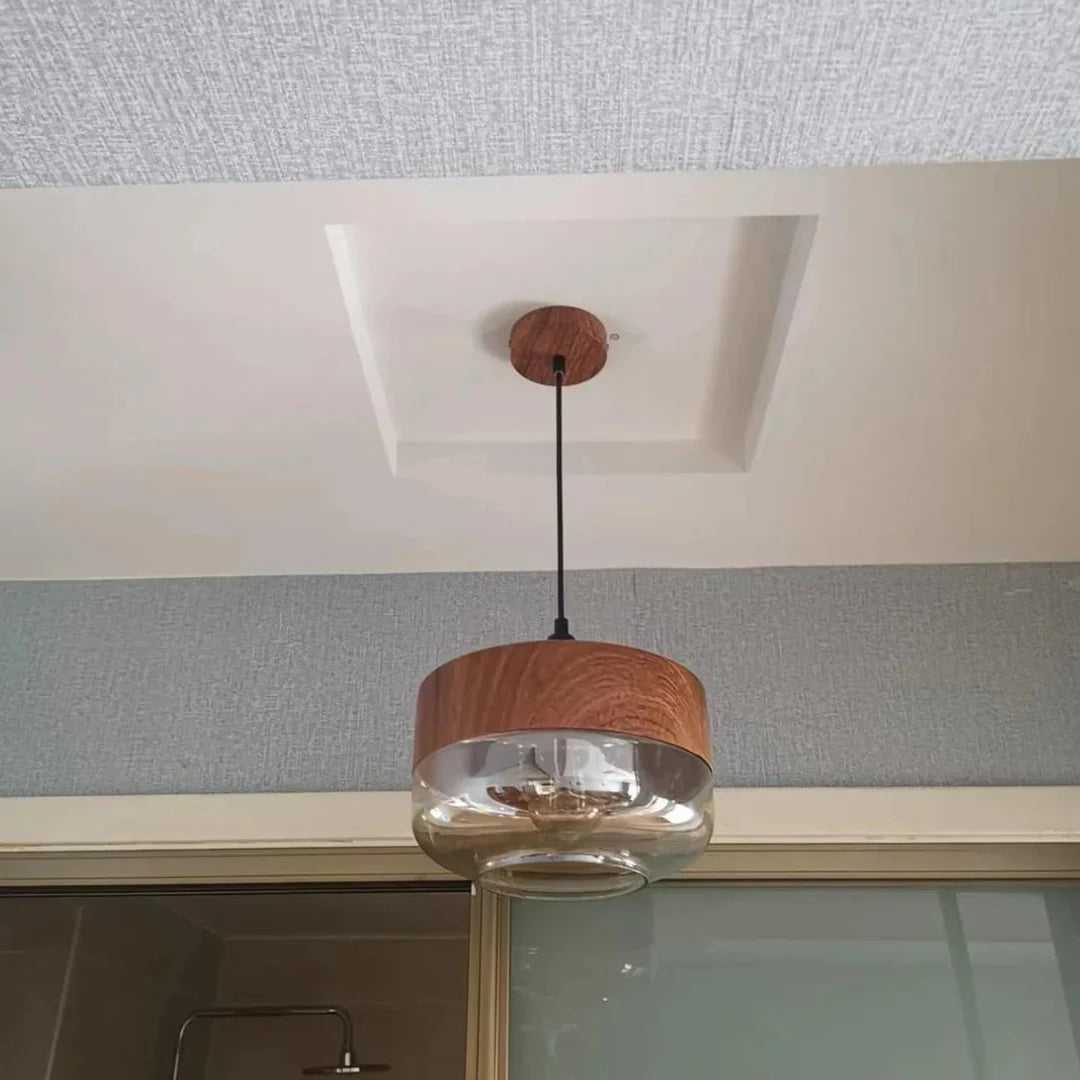 Pendant Ceiling Light Glass Shade & Wood Look Adjustable Height