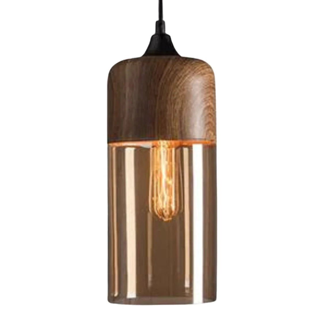 Pendant Ceiling Light Glass Shade & Wood Look Adjustable Height