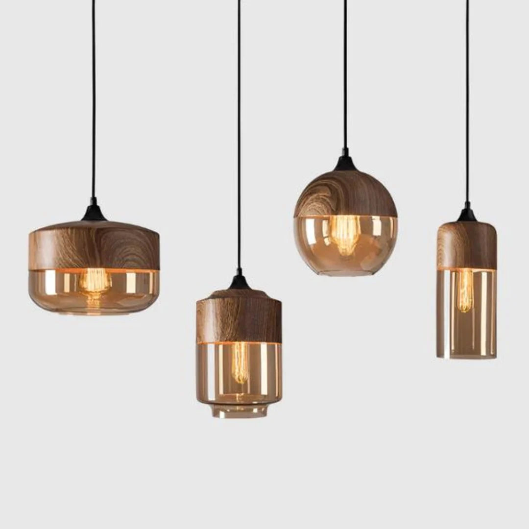 Pendant Ceiling Light Glass Shade & Wood Look Adjustable Height