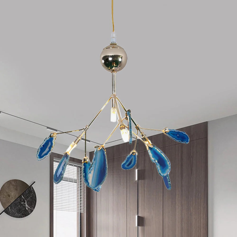 Pendant Chandelier Natural Agate Gilded Metal Warm Diffused Light