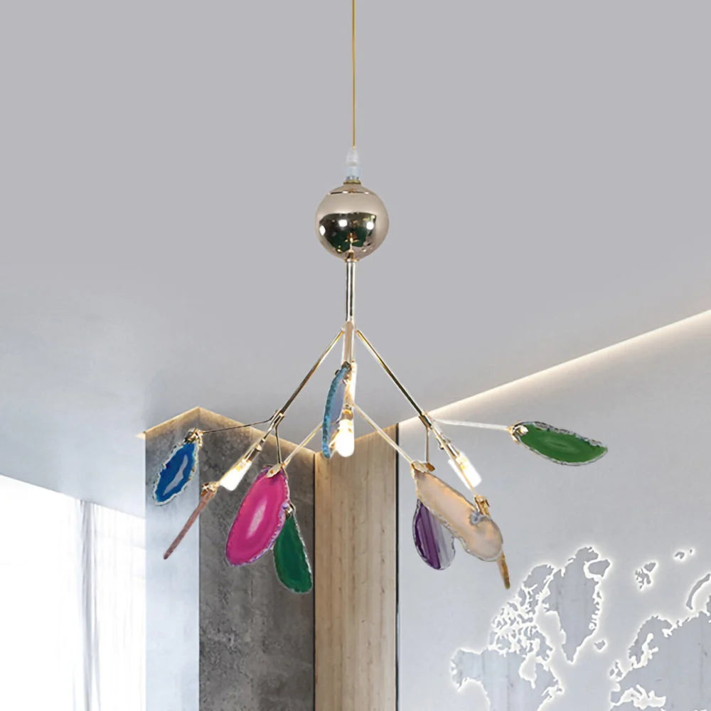 Pendant Chandelier Natural Agate Gilded Metal Warm Diffused Light