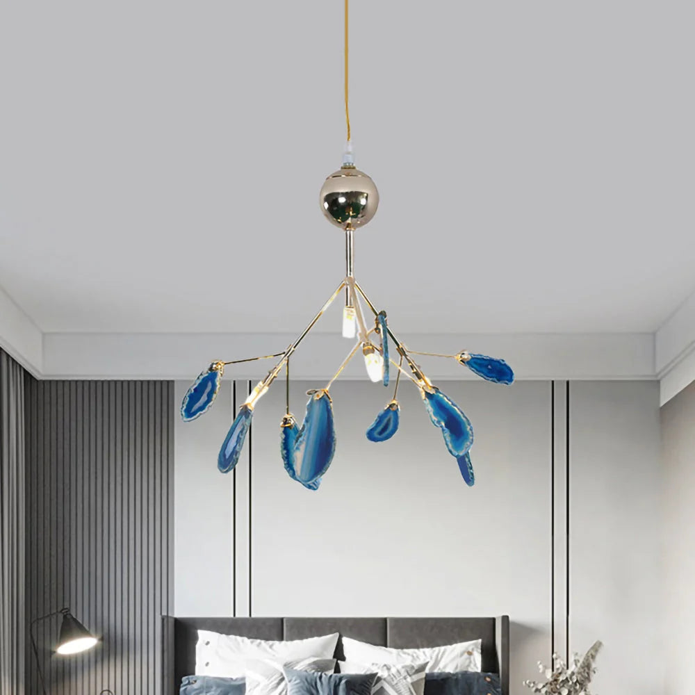 Pendant Chandelier Natural Agate Gilded Metal Warm Diffused Light