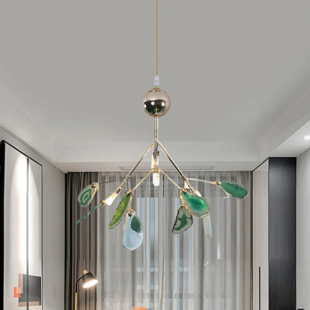 Pendant Chandelier Natural Agate Gilded Metal Warm Diffused Light