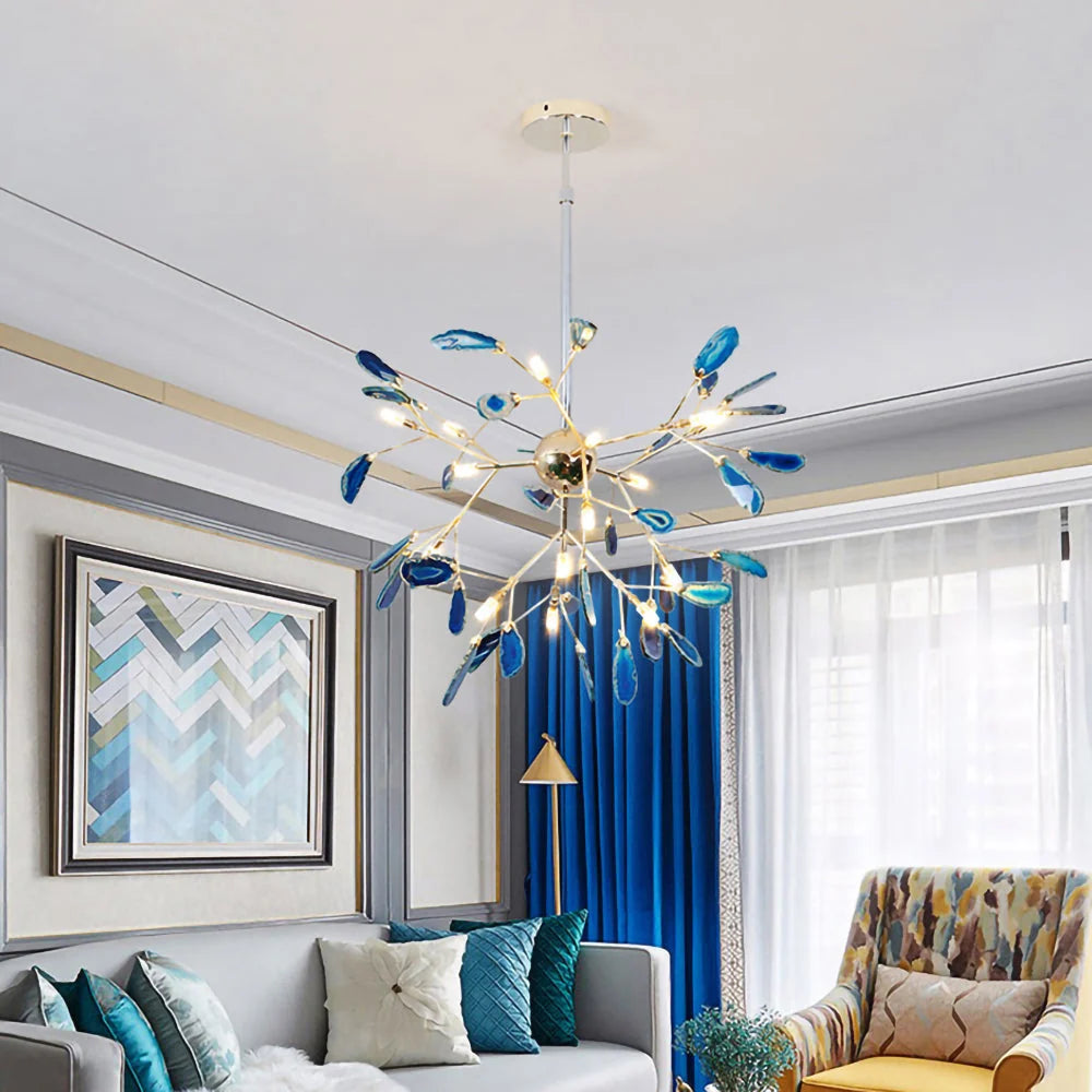Pendant Chandelier Natural Agate Gilded Metal Warm Diffused Light