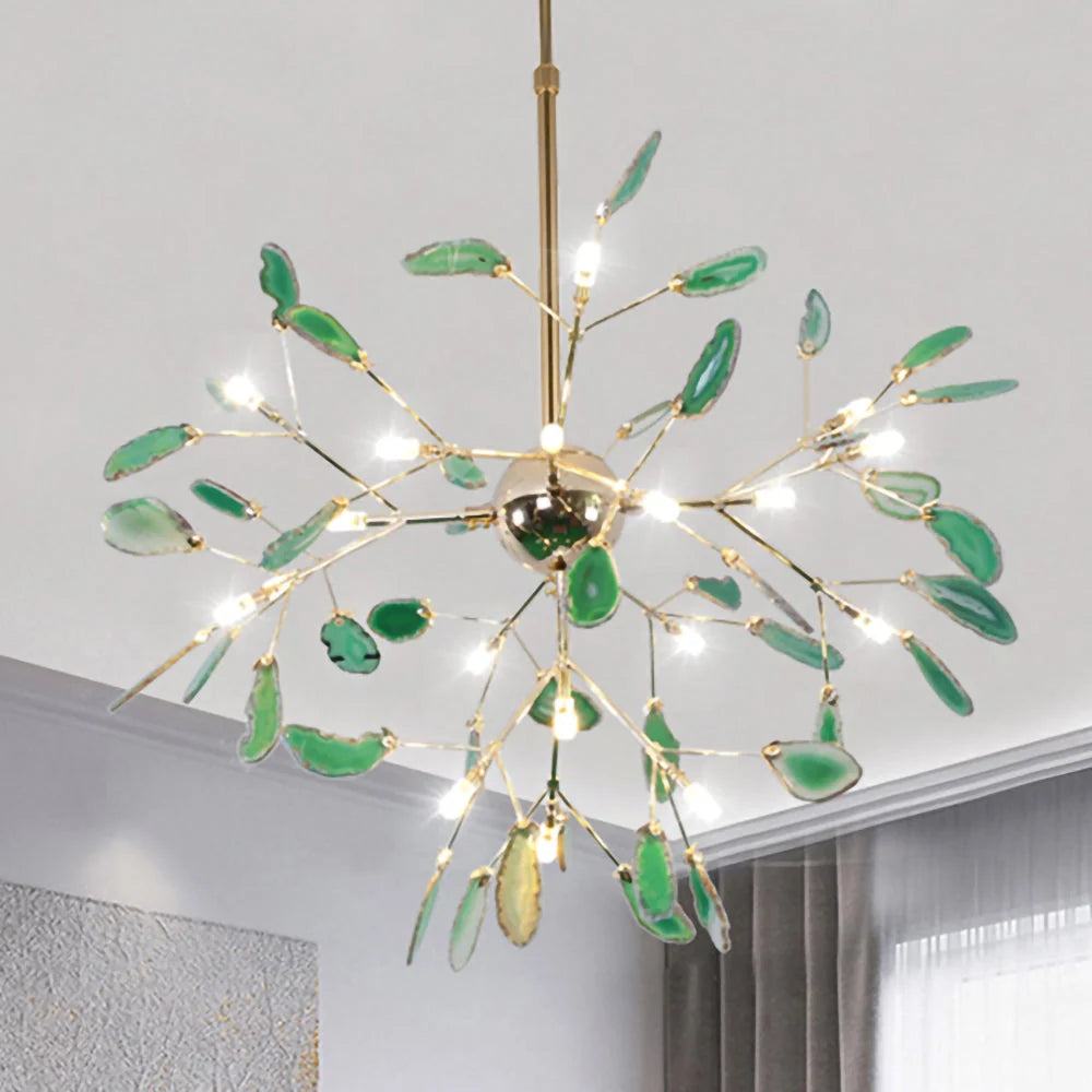 Pendant Chandelier Natural Agate Gilded Metal Warm Diffused Light