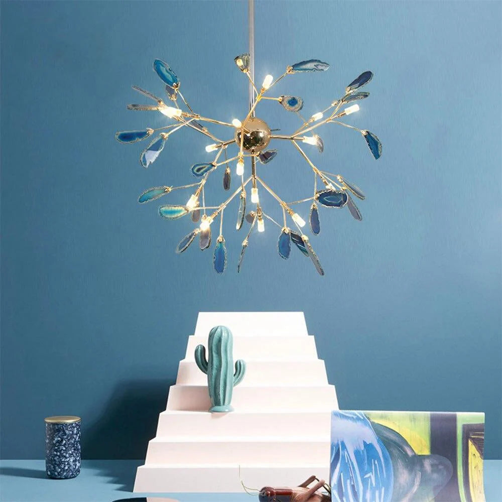 Pendant Chandelier Natural Agate Gilded Metal Warm Diffused Light