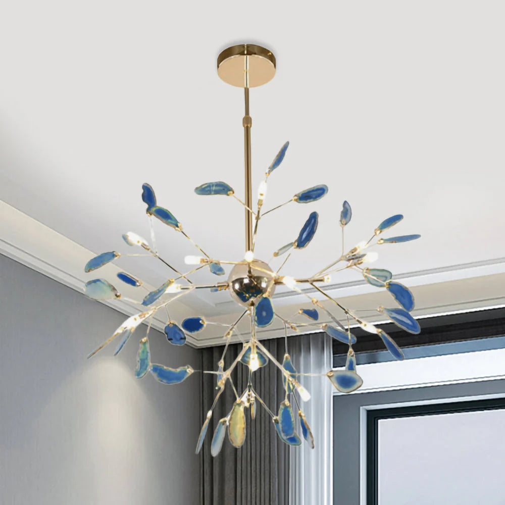 Pendant Chandelier Natural Agate Gilded Metal Warm Diffused Light