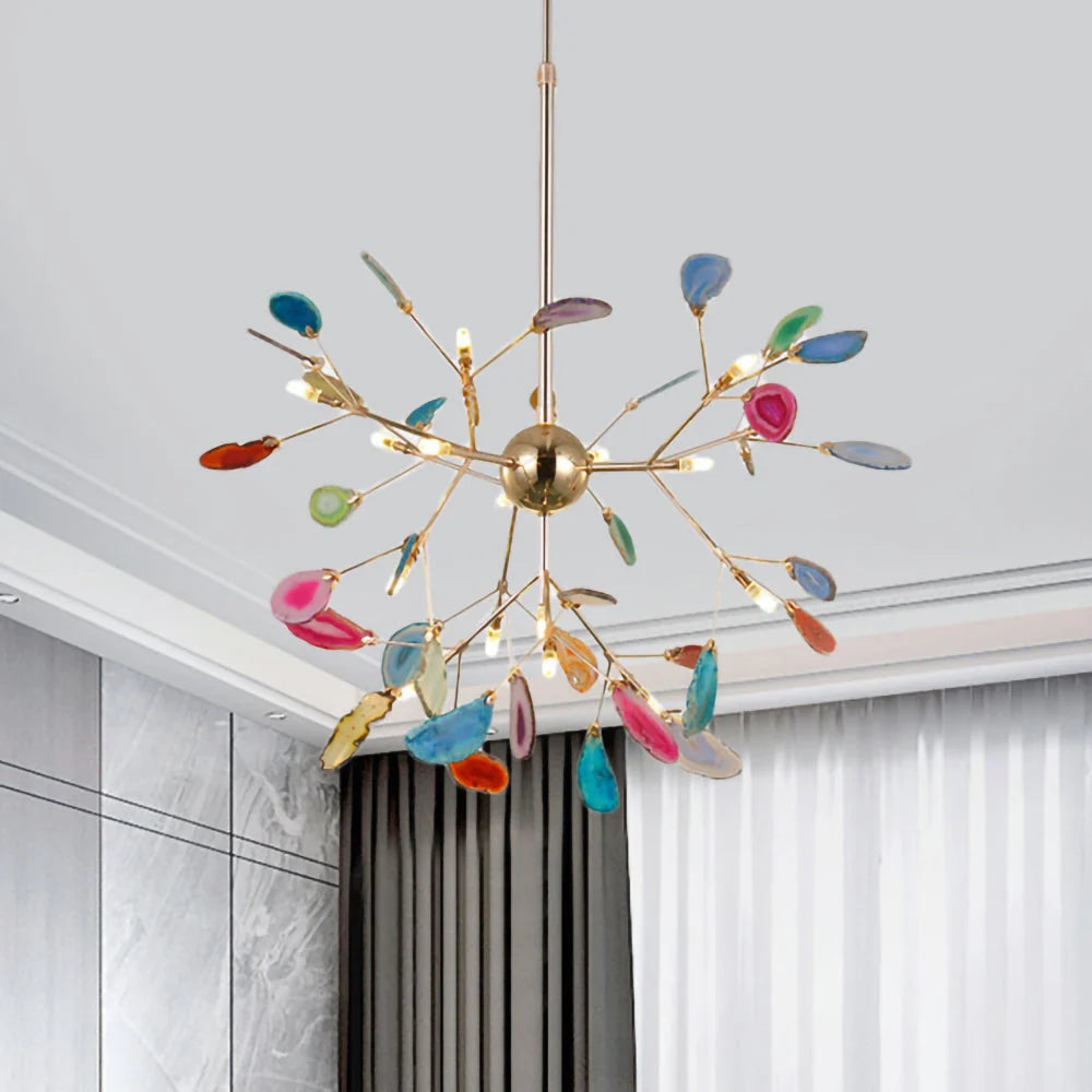 Pendant Chandelier Natural Agate Gilded Metal Warm Diffused Light